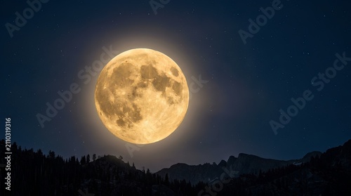 Giant Golden Full Moon Hanging Low Over Dark Mountain Silhouettes Under Scattered Stars in Deep Midnight Blue Sky - Ethereal Serene Night Landscape with Detailed Lunar Surface Craters and Soft Cosmic