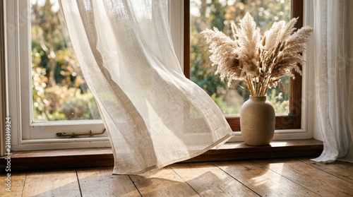 Sheer ivory linen curtains billowing in a soft breeze beside a minimalist ceramic vase with dried pampas grass on a wooden windowsill, bathed in warm golden sunlight. Cozy home interior.