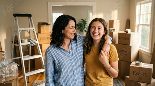 Happy Mother and Teenage Daughter Smiling Warmly Together in Sunlit Room During House Move, Standing Among Labeled Cardboard Boxes and Moving Supplies in New Home, Family Bonding and Relocation Moment