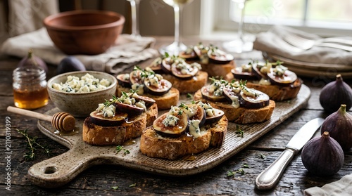 Rustic Fig and Honey Crostini with Blue Cheese on Wooden Board, Gourmet Italian Appetizer with Fresh Figs, Honey Drizzle and Gorgonzola, Autumn Harvest Table Setting, Elegant Party Snack