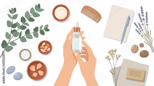 Flat lay of hands holding serum bottle with natural wellness elements