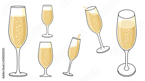 Collection of champagne glasses with sparkling wine and bubbles