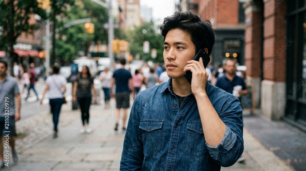 Fototapeta premium Serious Young Asian Man in Blue Denim Shirt Talking on Smartphone Standing on Urban City Street, Professional Communication Technology Modern Contemporary Digital Lifestyle Portrait