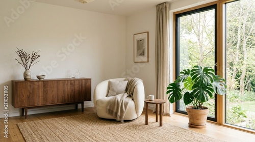 Bright Scandinavian Minimalist Living Room Interior Featuring Curved Cream Armchair, Walnut Sideboard, Natural Jute Rug, Monstera Plant and Floor-to-Ceiling Window, Cozy Neutral Home Decor Design