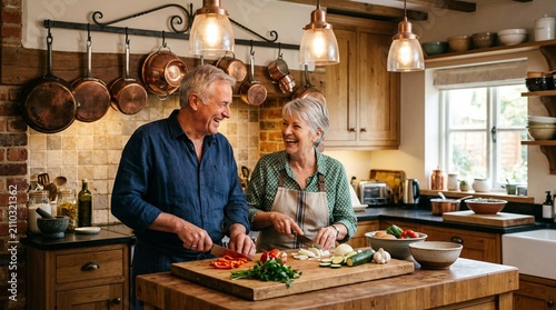 Happy senior couple cooking together in cozy modern kitchen, chopping fresh vegetables on wooden cutting board, preparing healthy homemade meal, retirement lifestyle, mature love, domestic bliss