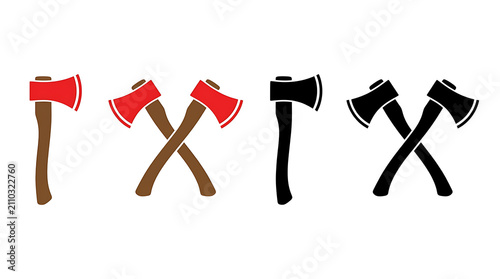 Vector set of single and crossed woodcutting axes in red, brown and black colors for forestry and lumberjack themes