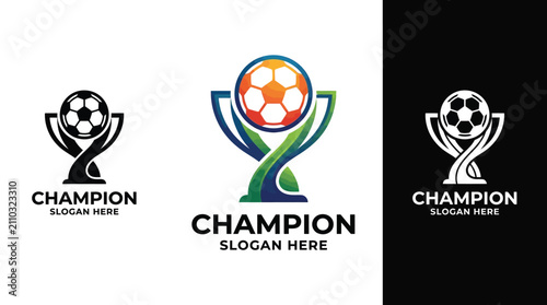 Modern vector illustration of a soccer championship trophy logo design with a vibrant gradient ball