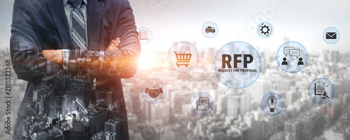 Photography Businessman Standing Confidently Over Cityscape with RFP Request for Proposal Icons and Symbols Representing Procurement and Service Interaction