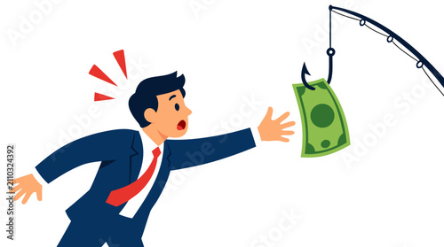 Flat vector illustration of a shocked businessman reaching for a dollar bill hanging on a fishing hook, representing financial scam, greed, trap, business risk, deception, and corporate fraud concept.