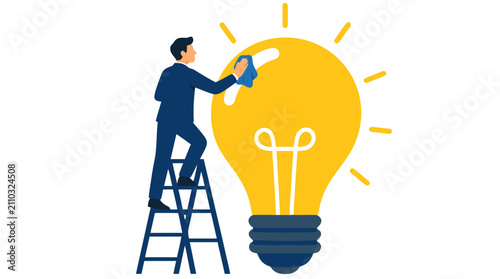 Professional Businessman on Stepladder Polishing Glowing Golden Light Bulb - Business Innovation, Entrepreneurship, Creative Thinking, Problem-Solving and Success Concept Vector Illustration in Bold