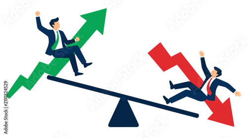 Seesaw Symbolism: Triumphant Businessman Ascending Green Growth Arrow While Partner Plummets on Red Decline Chart—Dynamic Business Balance Metaphor Illustrating Market Volatility and Profit Loss