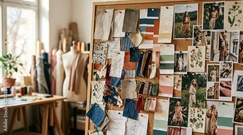 Creative Fashion Studio Workspace Featuring Cork Inspiration Board Pinned with Fabric Swatches, Color Palette Samples, Ribbon Textures, Style Photographs and Botanical Illustrations for Design Mood