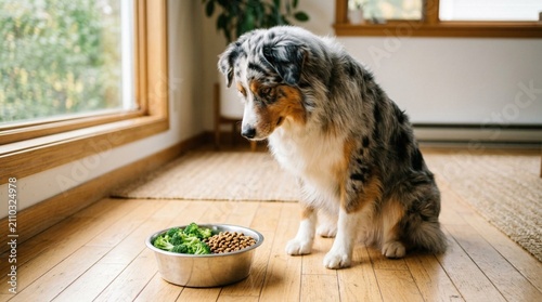 Melancholy Blue Merle Australian Shepherd Dog Sitting on Light Hardwood Floor Looking Down at Stainless Steel Bowl with Fresh Broccoli Florets and Dry Dog Food Kibble, Picky Eater Pet Portrait in