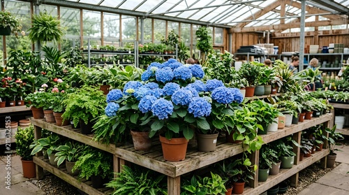 Vibrant Blue Hydrangea Flowers in Full Bloom at Garden Center Greenhouse, Surrounded by Lush Green Potted Plants and Ferns, Retail Nursery Display with Customers Shopping Amongst Botanical Collection