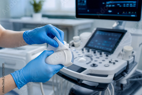 Hands in blue gloves disinfecting convex ultrasound transducer probe with wipe at machine. Hygiene and infection control in hospital examination room. Generative AI.