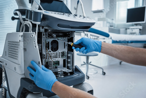 Engineer with screwdriver repairing open internal computer module of ultrasound machine. Electronics maintenance of medical equipment in clinic. Generative AI.