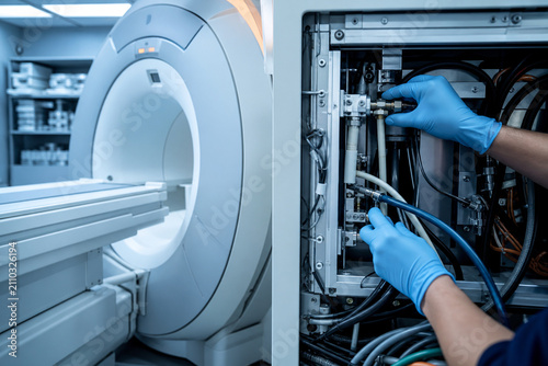 Engineer in blue gloves fixing hoses and fittings in open service cabinet next to MRI scanner. Cooling system maintenance of medical imaging equipment. Generative AI.