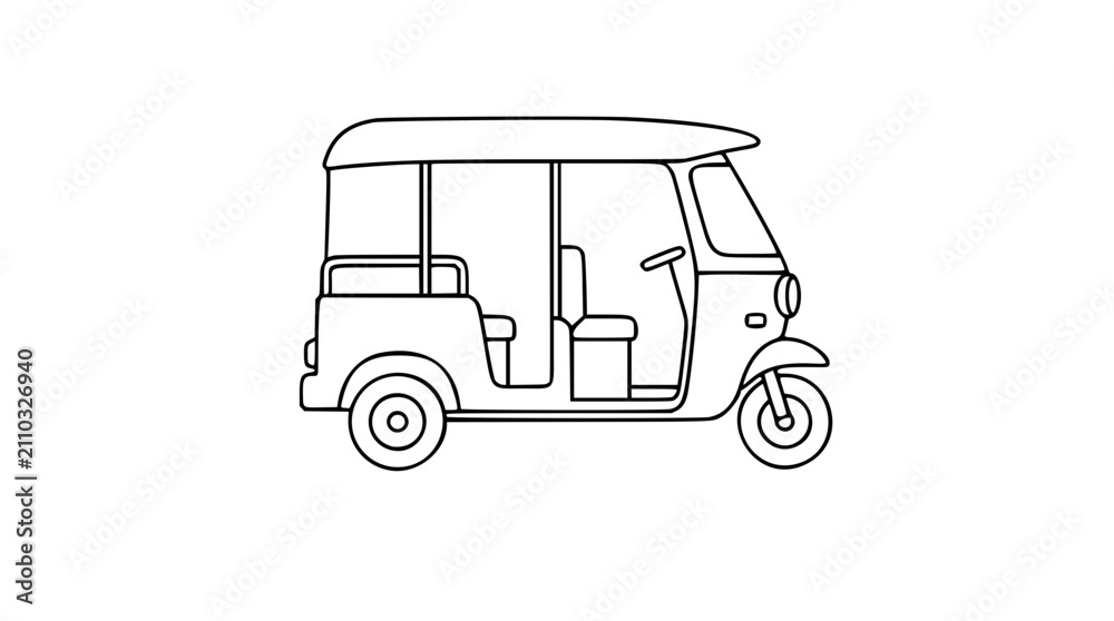 Fototapeta premium Vector Icon of Traditional Tuk Tuk Auto Rickshaw Transportation Vehicle in Minimalist Line Art Style, Hand-Drawn Outline Illustration for Travel and Transport Design Projects and Urban Mobility