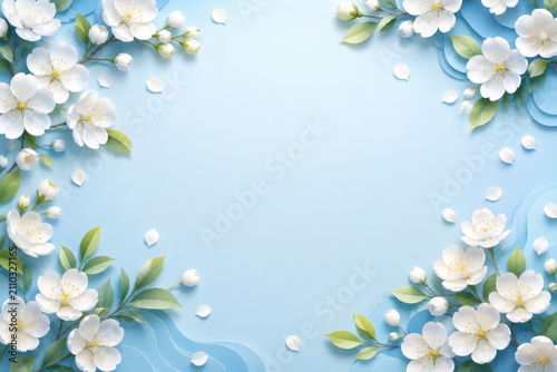White spring flowers and green leaves creating a floral border an elegant light blue background