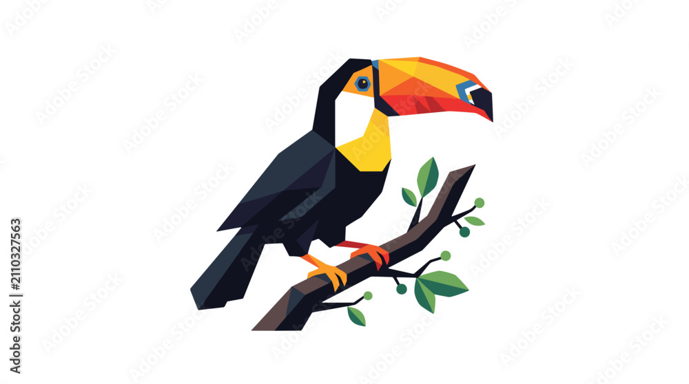 Obraz premium Colorful toucan perched on branch with green leaves, vibrant tropical bird illustration