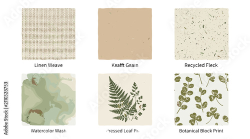 Collection of natural textures and patterns including linen fabric kraft paper recycled paper and botanical prints