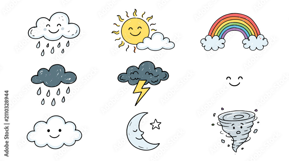 Obraz premium Collection of handdrawn weather icons including sun rain cloud thunderstorm and rainbow