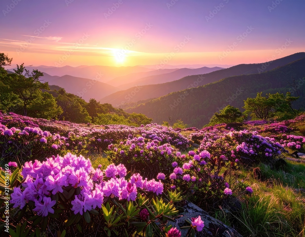 Fototapeta premium A vibrant field of rhododendrons blooms on a mountainside at sunrise.