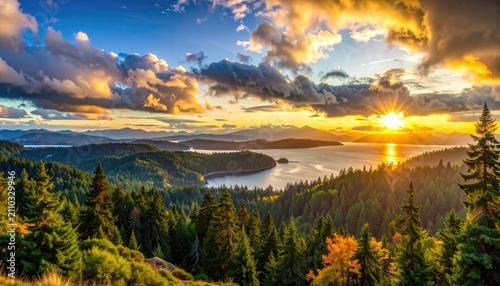 Breathtaking sunset over a lush, mountainous coastline with a tranquil bay.