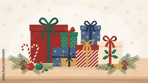 Festive Christmas Gifts Assortment: A charming arrangement of vibrantly wrapped Christmas presents, candy canes, and festive greenery sits on a wooden surface.