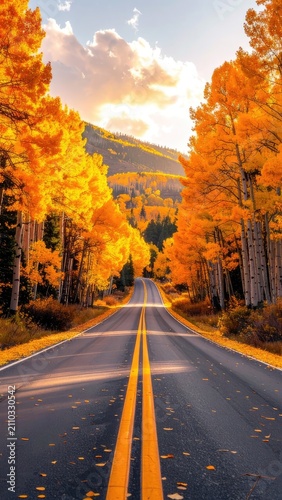 A scenic asphalt road winds through a forest of vibrant autumn trees with golden leaves and a bright sky overhead.