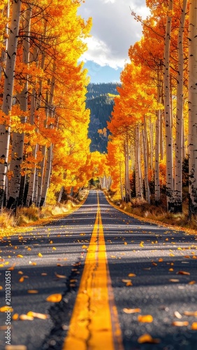 A scenic asphalt road lined with vibrant aspen trees in full autumn color.