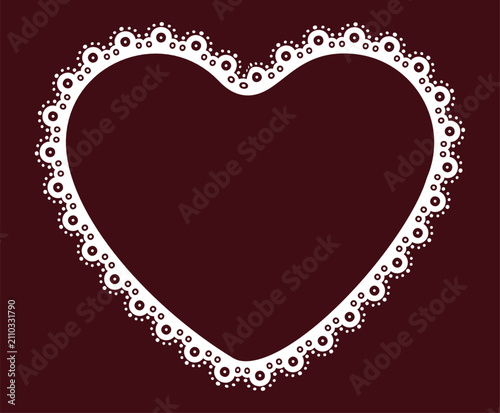 Canvas Print White eyelet lace heart border frame with scalloped ornamental dotted trim edge on burgundy background