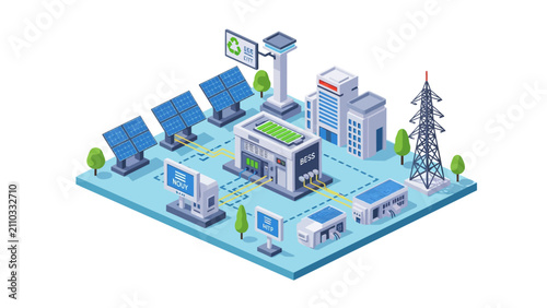 Isometric Smart Grid Renewable Energy System with Solar Panels and BESS Battery Storage
