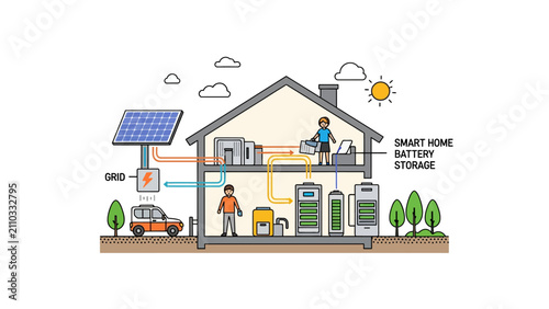 Smart home battery storage system infographic with solar panels and electric car charging