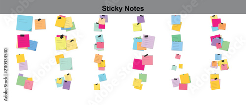 Variety of colorful sticky notes pinned and grouped on white background, keywords: sticky notes