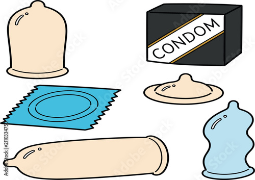 Foto Comprehensive Set of Condom Vector Illustrations Featuring Rolled, Unrolled, and Packaged Options for Sexual Health Education, Safe Sex Promotion, and Contraceptive Awareness