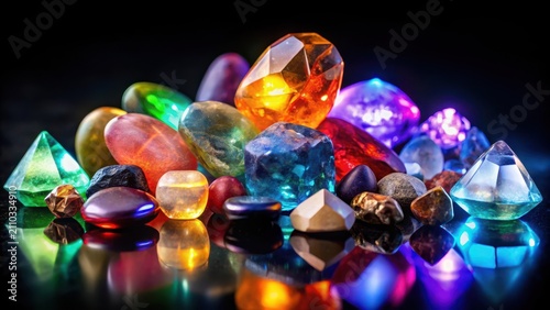 A collection of glowing gemstones against a velvety black backdrop