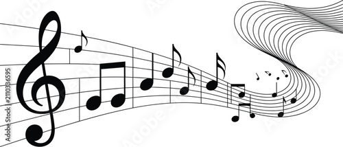 Foto Musical notes flowing on wavy stave line art featuring black clef and melody sym