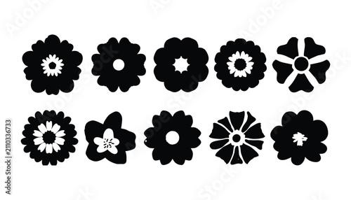 Black Flower Silhouette Collection, Bold Minimal Floral Icons for Modern Decorative Graphic Design.