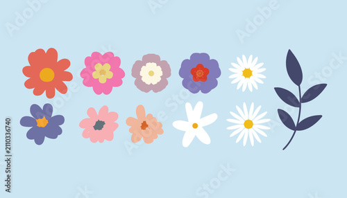 Colorful Stylized Flower and Leaf Collection, Modern Minimal Botanical Icons for Decorative Graphic Design.