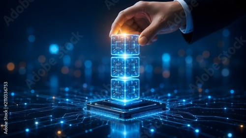 Businessman Hand Building Digital Circuit Cubes On Motherboard For Technology Solutions