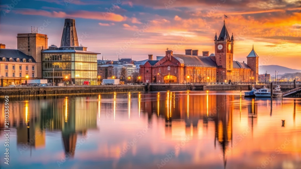 Fototapeta premium Soft pink hues and golden light illuminate cardiff bays majestic waterfront buildings at dawns gentle south wales awakening