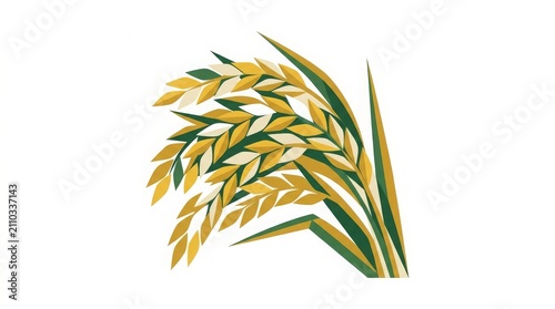 Agriculture - Golden Rice Stalks with Green Leaves Flat Design Vector Illustration on White Background