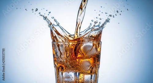 A close-up studio shot of a cold carbonated beverage pouring into a glass filled with ice cubes, featuring dramatic splashes and bubbles, spray, yellow, sparkling