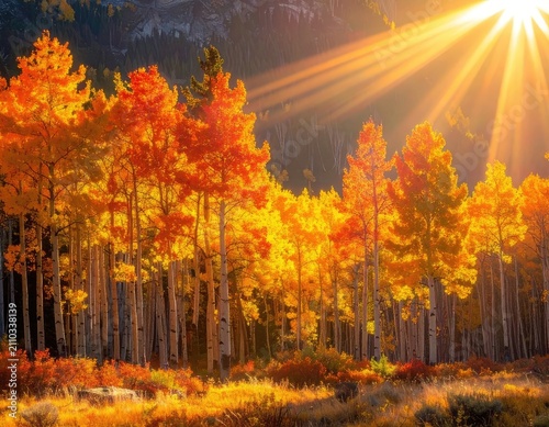 Golden autumn sunlight streams through a forest of aspen trees with vibrant orange and yellow leaves.