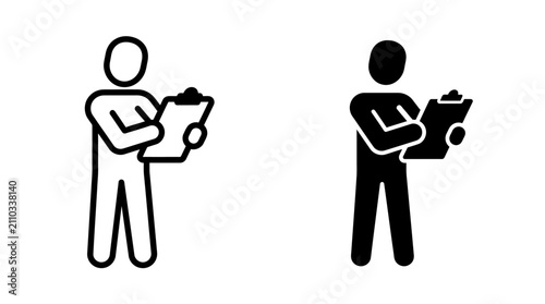 Simple stick figure icons depicting a person holding and reading a clipboard document.