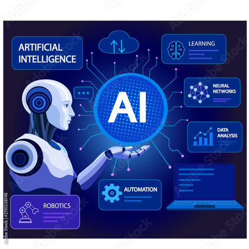 Artificial intelligence technology concept with humanoid robot and digital network vector illustration