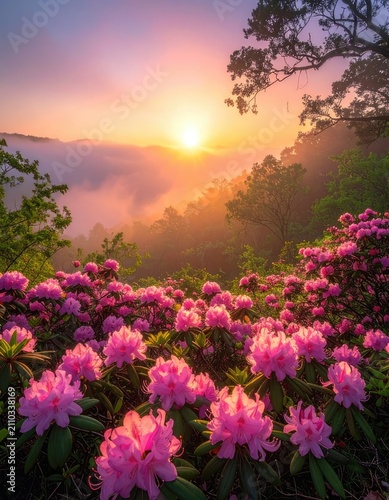 Rhododendrons bloom in the misty sunrise on a mountain landscape.