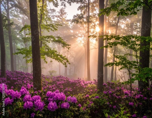 Sunlight streams through a misty forest illuminating vibrant purple rhododendrons.