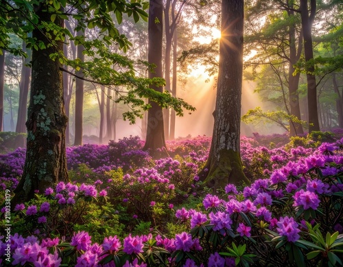 Sunbeams pierce through a misty forest, illuminating a carpet of vibrant purple rhododendrons.